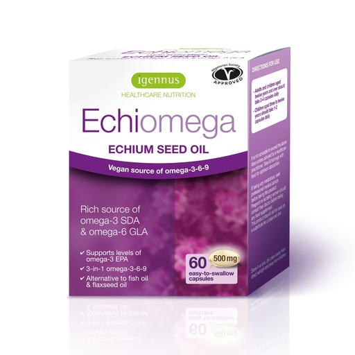 [BRSWIYIQOAIRCYDI] Echiomega Vegan Triple Omega 3 6 9 500 mg, Echium Seed Oil, EFA Supplement for Women with GLA, 60 Softgels