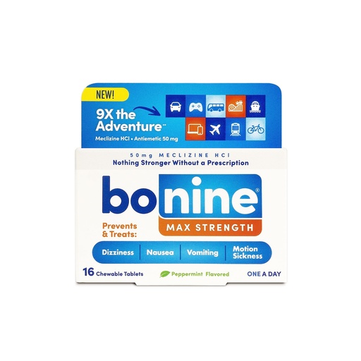 [BRSRMCAYBUBRS3TV] Bonine MAX Chewable for Motion Sickness Relief - with Meclizine HCL 50mg - Max Strength Formula to Treat Nausea or Motion Sickness - Cruise Essentials - Peppermint - 16 Chewable Tablets