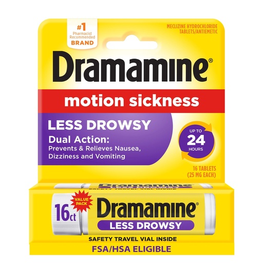 [BRSROHQQCMJWYCTG] Dramamine Motion Sickness Less Drowsy, for Nausea Relief During Travel, 16 Count