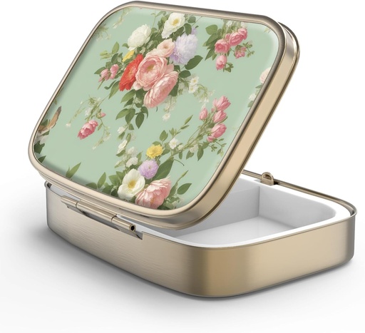 [BRSRMYYNB4CQ4ELD] Pill Case Pill Box with Mirror Retro 2 Compartment Small Pill Case for Purse or Pocket Bronze Rectangular Pill Box or Vitamins, Fish Oil, Supplements, Pill Containe Travel Gifts（Retro Green Floral）