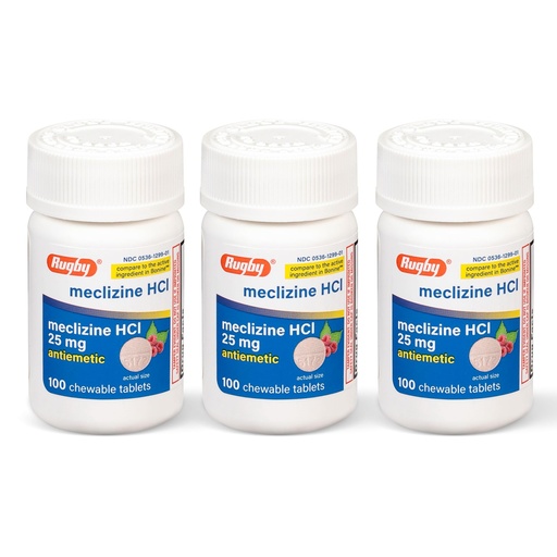 [BRSWKEY7BB7RUD3E] Rugby Meclizine Chewable Tablets 25mg - Anti-Nausea Medicine Helps with Motion Sickness - 100 Count (3 Pack)