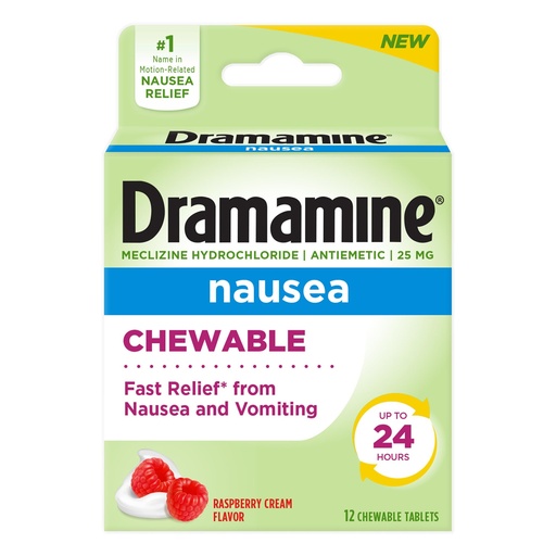 [BRSRGFINDMFAKAI4] Dramamine Nausea Chewable Nausea Relief with Meclizine, Raspberry Cream Flavor, 12 Count