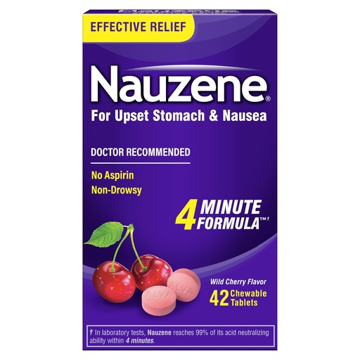[BRSWG23YCUGRY334] Nauzene Non-drowsy Upset Stomach & Nausea Relief Chewable Tablets - Fast-Acting Relief in 4 Minutes - Doctor Recommended - Wild Cherry Flavor, 42 ct