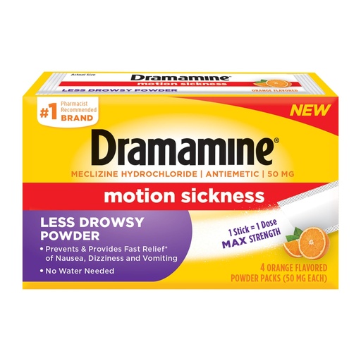 [BRSRGFINCUJWC3LO] Dramamine Less Drowsy Powder, Max Strength Motion Sickness Relief with Meclizine, Orange Flavor, 4 Count Stick Packs, No Water Needed