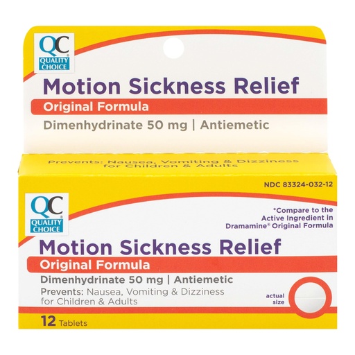 [BRSRAAIQO4MRUHT7] Quality Choice, Motion Sickness Relief, Prevents and Relieves Nausea, Dizziness & Vomiting, Original Formula Dimenhydrinate 50mg an Antiemetic, 12 Tablets Per Box, Car Sick, Seasickness Nausea Relief