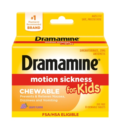 [BRSRAAI3PIGRECY7] Dramamine Motion Sickness Chewable for Kids, Prevent & Relieve Motion Sickness, Dizziness & Nausea, Grape-Flavored Tablets, 8 Count