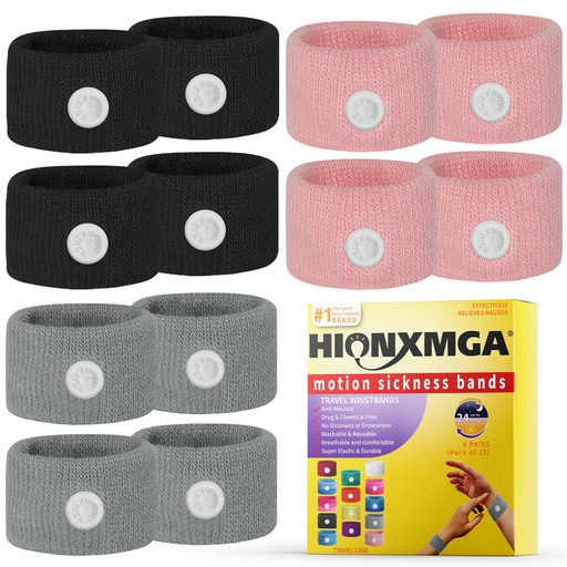 [BRSREAQYAQMQ4A3U] HIONXMGA 6 Pairs Motion Sickness Bands – Natural Anti Nausea Acupressure Wristbands for Morning & Motion Sickness Relief – Ideal for Car, Cruise & Flight Travel – for Adults and Kids