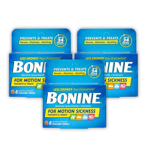 [BRSRMBDQPIMA2A33] Bonine Non-Drowsy Motion Sickness Relief - 3 Pack - Chewable Tablets with Meclizine HCL 25mg - Non Drowsy Medicine for Nausea or Motion Sickness- Cruise Essentials - Raspberry - 3 Pack, 8ct