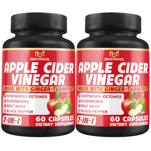 [BRSW2BAOPIOQ2DLZ] (2 Packs) Apple Cider Vinegar Capsules with Ginger, Turmeric, Elderberry, Raspberry Ketones, Beet Root, Black Pepper - 7in1 for Supports Digestion, Detox & Immune - 4 Months Supply