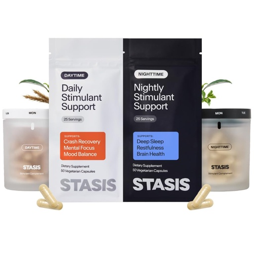 [BRSRAGAKBMNBADT3] Stasis Day & Night Supplement Set for Men & Women with L Theanine, Ashwagandha, Magnesium, Melatonin & CoQ10, Energy & Focus Support Capsules, Vegan, 50 Servings, 25 Day & 25 Night, 1 Month Supply