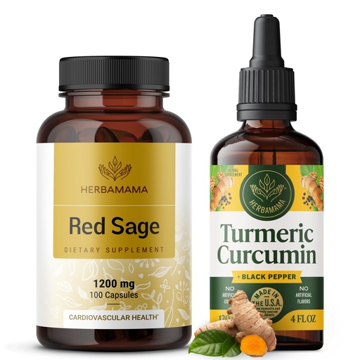 [BRSRAGL2BUPRAC3J] HERBAMAMA Red Sage and Turmeric Kit - Bundle of 1200 mg Red Sage Dan Shen Capsules & Turmeric Curcumin Drops 2 fl oz - Vegan, Non-GMO, Sugar & Alcohol-Free - 2 Pack