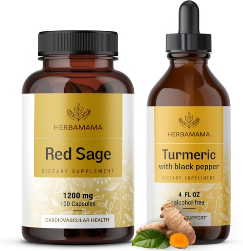[BRSRAGL2BUPRAC3J] HERBAMAMA Red Sage eta Turmeric Kit - Bundle of 1200 mg Red Sage Dan Shen kapsulak eta Turmeric Curcumin Drops 2 fl oz - Vegan, Non-GMO, Sugar & Alcohol-Free - 2 Pack