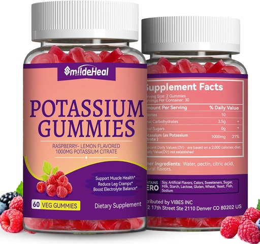 [BRSRA2YZCAHBO2T5] 2 Pack Potassium Supplement Gummies 1000mg, Potassium Gummies for Adults, Support Leg Cramps & Muscle Health - Vegan, Non-GMO,120 Count
