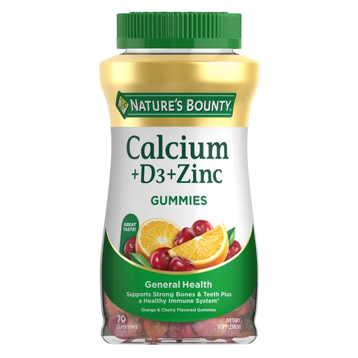 [BRSRAGAOOB5GYDLJ] Nature's Bounty Calcium + D3 + Zinc Gummies, Supports Strong Bones & Teeth Plus a Healthy Immune System, 500mg, Orange and Cherry Flavored, 70 Gummies