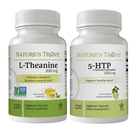[BRSROAQYCRYAYFD4] Nature's Trove L-Theanine 200mg 120 Vegetarian Capsules & 5-HTP 100mg 120 Vegetarian Capsules - Calm & Healthy Mood Stack