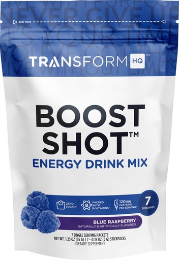 [BRSRMCAPDMGQAHLG] TransformHQ Boost Shot Powder Drink Stick Packets, Blue Raspberry, 7 Pack, Energy Supplements for Women & Men, with Caffeine, Vitamin B12, B9, B6 & B3