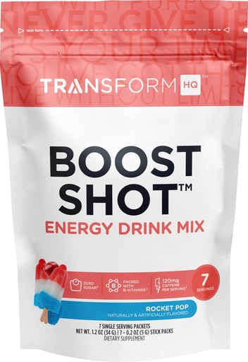 [BRSRMCAPDJYAAFY7] TransformHQ Boost Shot Powder Drink Stick Packets, Rocket Pop, 7 Pack, Energy Supplements for Women & Men, with Caffeine, Vitamin B12, B9, B6 & B3
