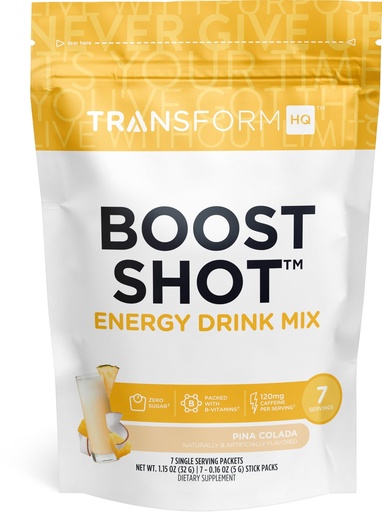 [BRSRMCAPCQIWO3TH] TransformHQ Boost Shot Powder Drink Stick Packets, Pina Colada, 7 Pack, Energy Supplements for Women & Men, with Caffeine, Vitamin B12, B9, B6 & B3