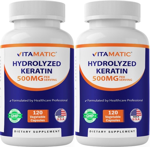 [BRSREFA5BYNQKYDD] Vitamatic Hydrolyzed Keratin 500mg per Serving - 120 Vegetarian Capsules - Keratin Supplements for Healthy Hair Skin & Nails for Adults-2 Pack