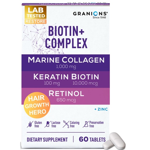 [BRSROBABBMNRAFAU] Biotin Collagen Keratin Supplement Hair Growth Tablets – Biotin 10000mcg, Marine Collagen Peptides, Keratin, Retinol, Zinc, Vitamin B6 - Hair, Skin and Nails Complex for Women and Men - 60 Tablets