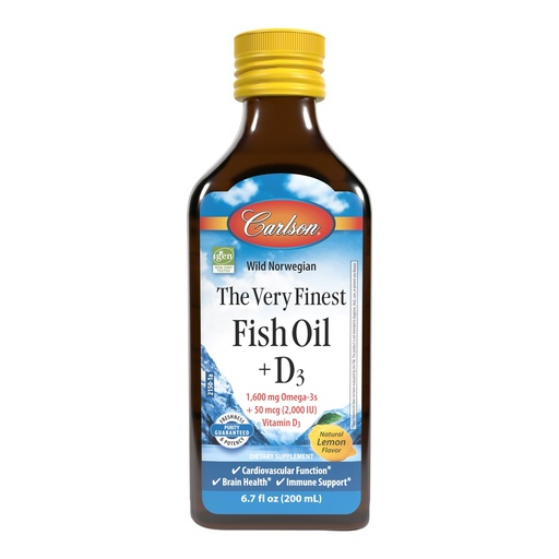 [BRSROFA6DFYR6YLL] Carlson - The Very Finest Fish Oil + D3, 1600 mg Omega-3s, 50 mcg (2000 IU) Vitamin D3, Liquid Fish Oil and D3 Supplement, Norwegian, Wild Caught, Sustainably Sourced, Lemon, 200 mL (6.7 Fl Oz)