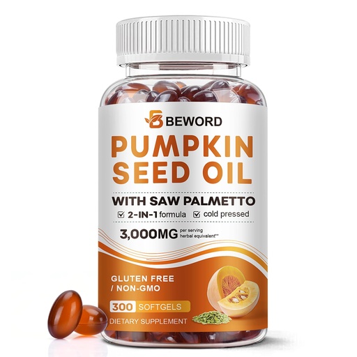 [BRSREAD6BUNAE3LB] Pumpkin Seed Oil with Saw Palmetto Capsules, 3000mg/serving, 300 Softgels | Cold Pressed, Pure Virgin Oil, Essential Fatty Acids & Phytosterols | Supports Hair, Urinary, Bladder & Prostate Health