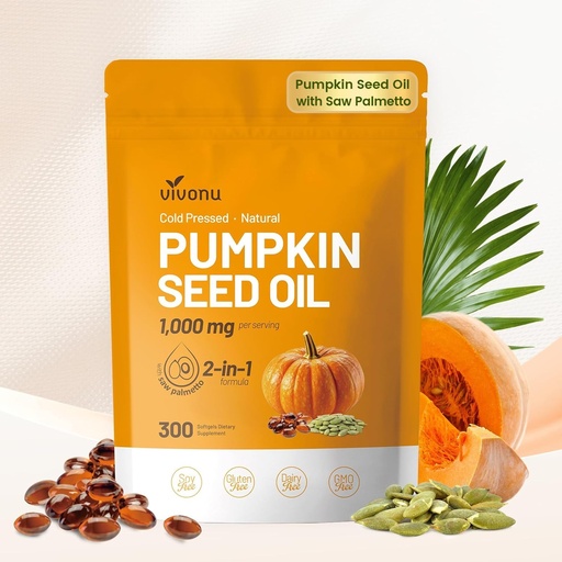 [BRSRACD3AUGREDLK] VivoNu Pumpkin Seed Oil with Saw Palmetto Capsules | Cold Pressed, Pure Virgin Oil, Essential Fatty Acids & Phytosterols | 300 SoftgelsSupports Hair, Urinary, Bladder & Prostate Health | Non-GMO