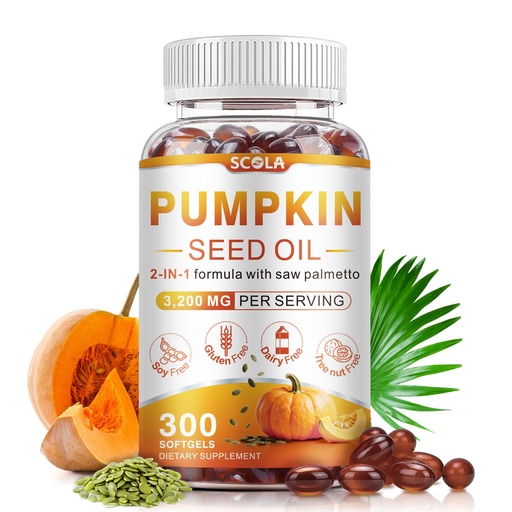 [BRSREAAPCMBGMC3L] SCOLA Pumpkin Seed Oil with Saw Palmetto,3200mg/Serving,Cold-Pressed with Essential Fatty Acids & Phytosterols,Supports Hair, Immune,Bladder & Prostate Health,Non-GMO (300 Softgels)