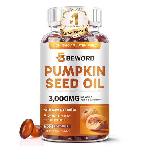 [BRSREFQPDEJWACQU] Pumpkin Seed Oil with Saw Palmetto Softgels, 3000mg Per Serving, 300 Softgels | Cold-Pressed with Essential Fatty Acids & Phytosterols | Supports Hair, Urinary, Bladder & Prostate Health | Non-GMO