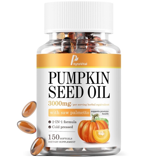 [BRSRGGL3BMPRQCD6] Pumpkin Seed Oil with Saw Palmetto Capsules, 3000mg, 150 Softgels|Cold Pressed Pure Virgin Oil|Essential Fatty Acids, Phytosterols|Immune, Hair, Bladder & Prostate Support | Non-GMO, 1 Pack