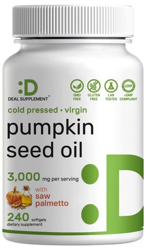 [BRSREEI6PIGQY33U] Pumpkin Seed Oil 3,000mg with Saw Palmetto, 240 Softgels – Cold Pressed Extract with Virgin Oil – Supports Prostate Health & Normal Urinary Frequency – DHT Blocker for Hair Growth – Non-GMO