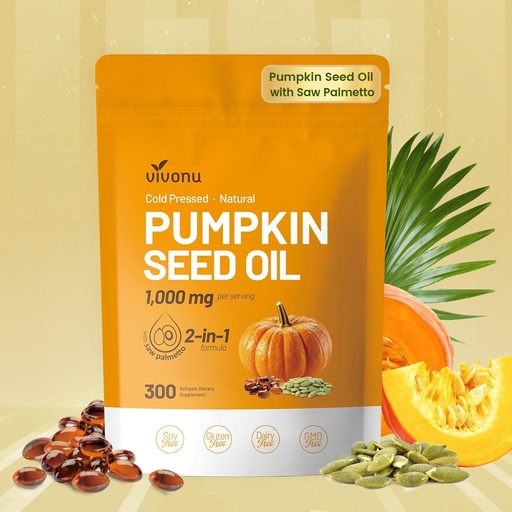 [BRSREFQPBYNR4FLJ] VivoNu Pumpkin Seed Oil with Saw Palmetto Capsules | Cold Pressed, Pure Virgin Oil, Essential Fatty Acids & Phytosterols 300 Softgels Supports Hair, Urinary, Bladder & Prostate Health, Non-GMO