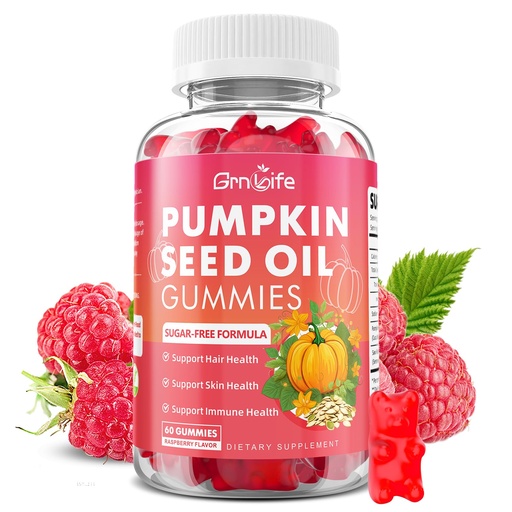 [BRSREEIEO4MRA3DA] Pumpkin Seed Oil Gummies with Saw Palmetto, Organic Pumpkin Seed Oil Supplement for Hair Growth & Skin Health, High Pure Extract for Women Men, Raspberry Flavor, 60 Count