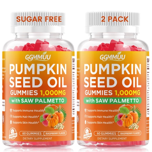 [BRSRGYAFOYPW233P] 2 Pack Pumpkin Seed Oil Gummies with Saw Palmetto, 1000mg Per Serving Pumpkin Seed Oil Supplement for Hair Growth, Skin Health, High Pure Extract for Women & Men, Raspberry Flavor, 120 Count