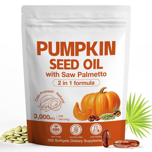 [BRSRGYD4OB6RAYD4] 3000mg Max Strength Pumpkin Seed Oil + Saw Palmetto Capsules (300 Softgels) - Cold-Pressed Blend, Supports Hair Growth, Prostate Health & Urinary Tract, Bladder Support, Immune Boost, Non-GMO
