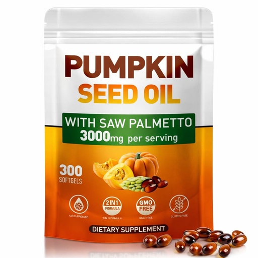[BRSRECQODMFAGE3D] Pumpkin Seed Oil with Saw Palmetto, Cold-Pressed, 300 Softgels, Hair Growth, Radiant Skin, Urinary & Prostate | Rich in Fatty Acids & Phytosterols | Pure & Natural, Non-GMO