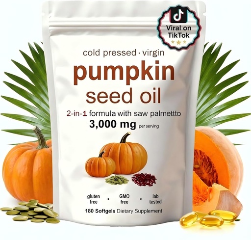 [BRSREGA3CV7AYEI2] Pumpkin Seed Oil with Saw Palmetto- 3000mg - 180 Softgels -Cold Pressed - Pure Virgin Oil - Essential Fatty Acids & Phytosterols - Supports Hair - Urinary - Bladder & Prostate Health - Non-GMO