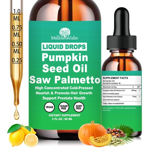[BRSRECDQA4BWKA3B] Pumpkin Seed Oil with Saw Palmetto Drops-High Concentrated Pumpkin Seeds Oil Supplement for Hair, Bladder & Prostate Health丨 Cold Pressed, High Absorption Liquid for Women & Men丨NON-GMO, Vegan, 2Fl Oz