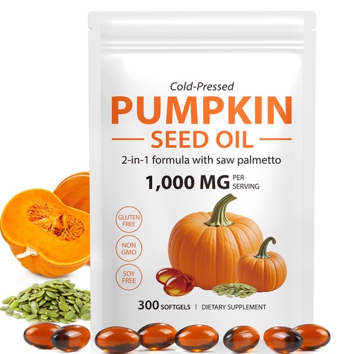 [BRSREEI2ABYGYFDO] Pumpkin Seed Oil with Saw Palmetto Capsules, 300 Softgels Cold Pressed, Pure Virgin Oil, Essential Fatty Acids & Phytosterols, Supports Hair, Urinary, Bladder & Prostate Health, Dietary Supplement