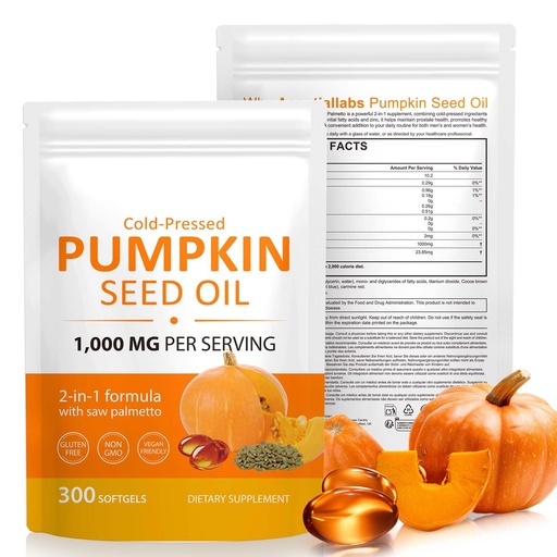 [BRSREHD5PJYQOCYY] Pumpkin Seed Oil with Saw Palmetto, 2 in 1 Pumpkin Seed Oil Capsules for Hair Growth, 1000mg per Serving, 300 Softgels,– Cold Pressed, Prostate, Urinary & Bladder Health, Pure & Natural