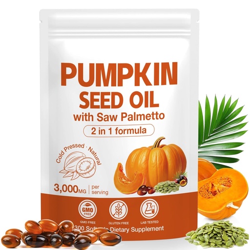 [BRSRGAA7BEMBU2DH] Pumpkin Seed Oil with Saw Palmetto Capsules 300 Softgels - 3000mg Max Strength, Cold-Pressed, Supports Hair, Urinary, Bladder & Prostate Health, Boosts Immunity, Non-GMO