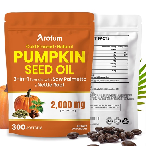 [BRSRGYARDMFREGTB] Pumpkin Seed Oil Capsules with Saw Palmetto and Nettle Root, 2000mg Per Serving, 300 Softgels, Vegan, Rich in Essential Fatty Acids (Omega-6 & Omega-9)