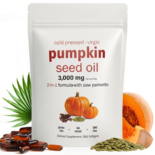 [BRSRECQ7A4NGYG3L] Pumpkin Seed Oil Capsules with Saw Palmetto 300 Softgels | 2-in-1 Formula 3000mg | Cold Pressed Pure Virgin Oil for Hair, Prostate & Bladder Health | Immune Support, Urinary Wellness | Vegan, Non-GMO
