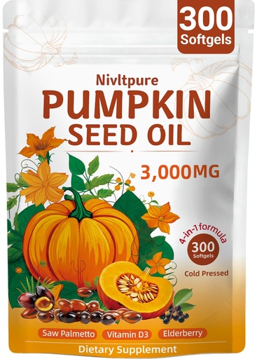 [BRSRGBIFBFYRME3U] Pumpkin Seed Oil with Saw Palmetto, Vitamin D3 & Elderberry – 300 Softgels (3000mg) Pure Virgin Oil 4-in-1 Supplement for Hair Health, Prostate & Urinary Support – Non-GMO, Vegan