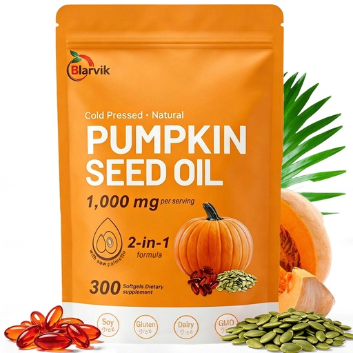 [BRSRGBQFOUIGG2Y2] Pumpkin Seed Oil Capsules with Saw Palmetto – 300 Softgels | Cold Pressed,Pure Virgin Oil | Supports Hair, Urinary, Bladder & Prostate Health | Essential Fatty Acids & Phytosterols | Non-GMO