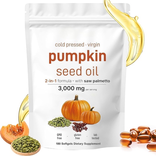 [BRSRGYD4CMFRSEQ6] Pumpkin Seed Oil & Saw Palmetto Capsules - 3000mg for Prostate Health & Hair Growth Support - Non-GMO, Cold-Pressed Herbal Supplement, 180 Softgels