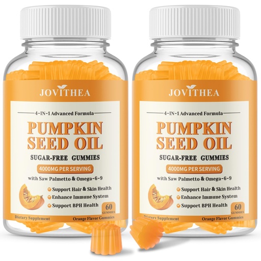 [BRSREFL2OQJWMYLV] 2 Pack Pumpkin Seed Oil Gummies with Saw Palmetto, Organic Pumpkin Seed Oil Supplement for Hair Growth, Youthful Skin & Prostate Health, Omega 6 9, Sugar Free, Cold Pressed, Orange Flavor, 120 Count