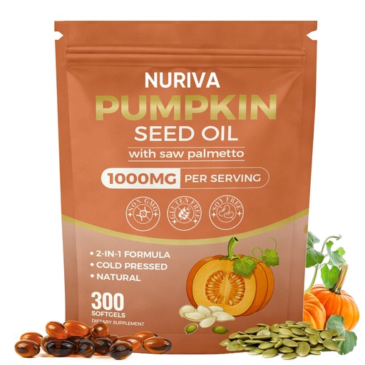 [BRSRGAAODINGAG3X] Nuriva Pumpkin Seed Oil with Saw Palmetto Capsules – 2-in-1 Formula, Cold-Pressed Virgin Oil, 300 Softgels | Essential Fatty Acids | Supports Hair Growth, Bladder & Prostate Health | Non-GMO(1 PACK)
