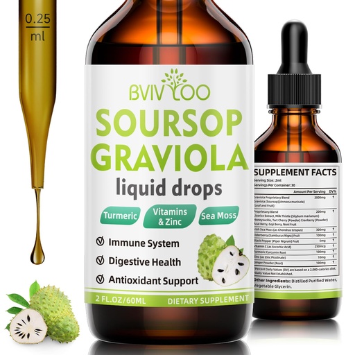 [BRSRA2Y6OZ6GC3AY] Soursop Graviola Liquid Drops - 2000mg Pure Soursop Extract Blended with 300mg Sea Moss & 100mg Elderberry - Powerful Cell Support, Antioxidant-Rich, Immune-Boosting - 2 Fl Oz (60ml) Bottle