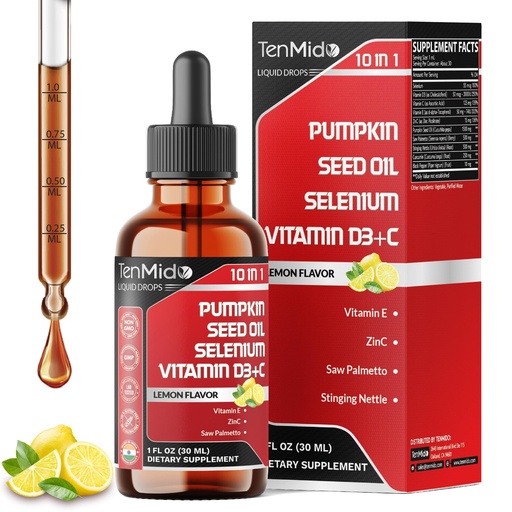 [BRSREGAQOZYRUEL7] Pumpkin Seed Oil with Saw Palmetto Supplements - 10in1 Liquid Drops Blended Selenium, Vitamin D3, Vitamin C, Vitamin E, Zinc, Stinging Nettle, Curcumin, and Black Pepper - 30ml 1 Fl Oz